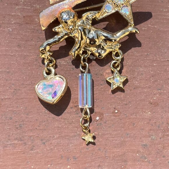 Rhinestone KIRKS FOLLY Charm BROOCH / PIN~ Shooting STAR Heart CHERUB / ANGEL - Picture 4 of 6